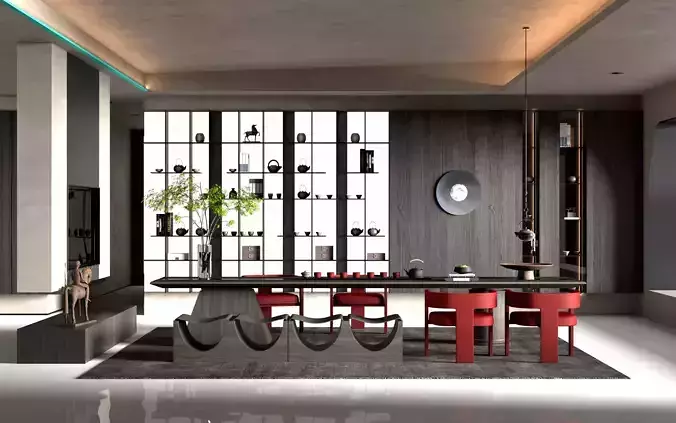 Chinese tearoom study room  Low-poly 3D model