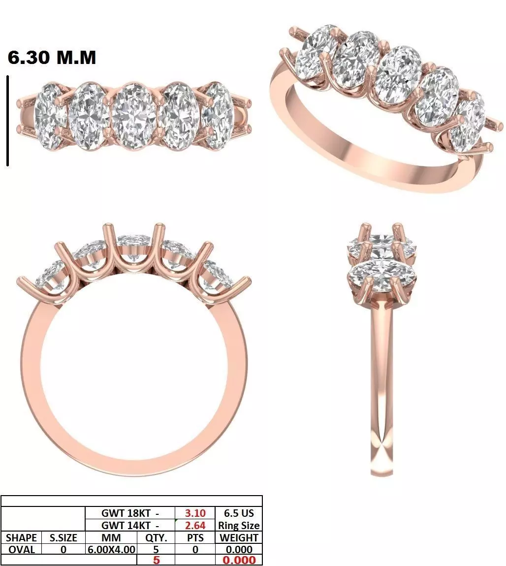 6x4mm Oval Cut Five Stone Engagement Wedding Band 3DM STL Video 3D print model_15
