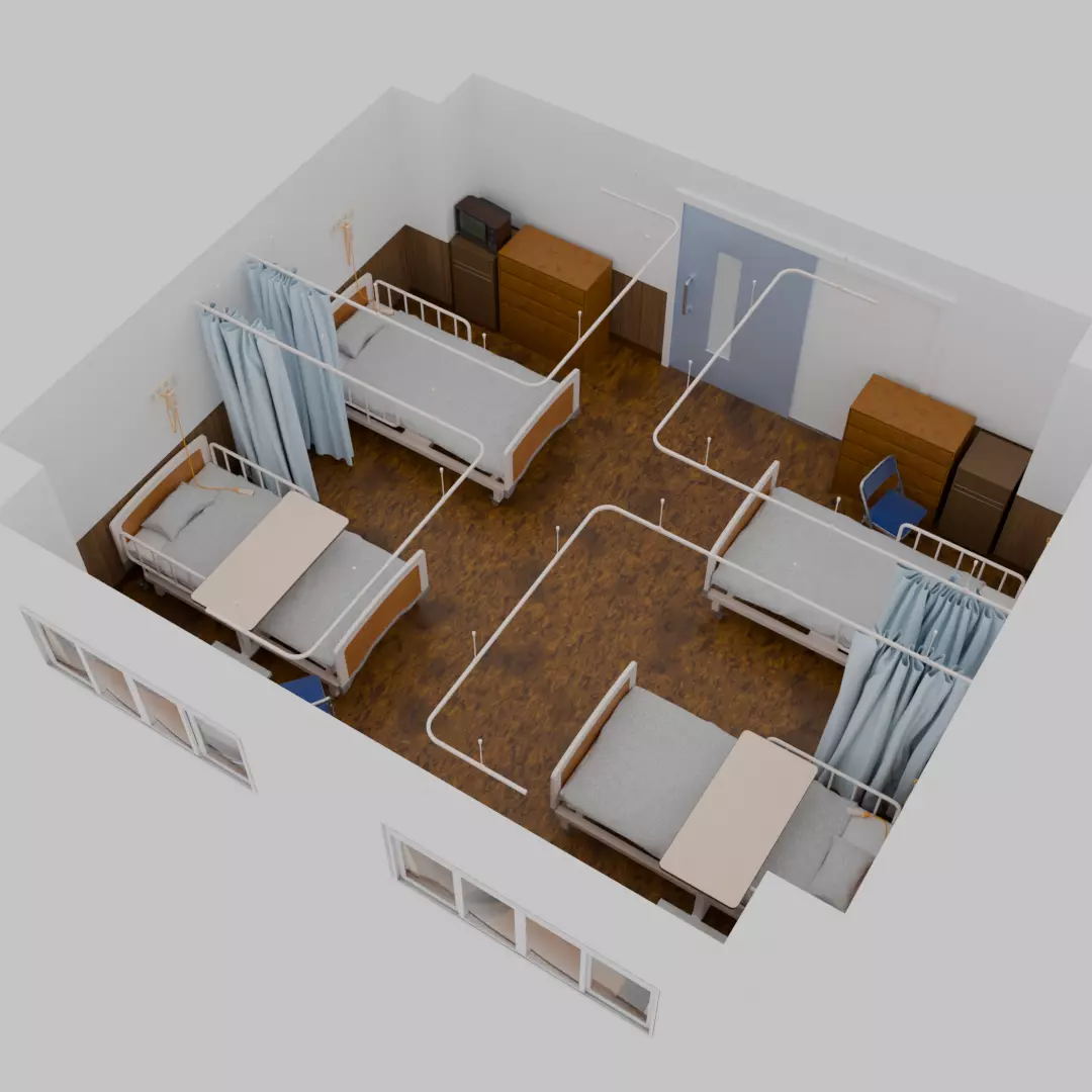 Hospital room 4bed room 3D model_1