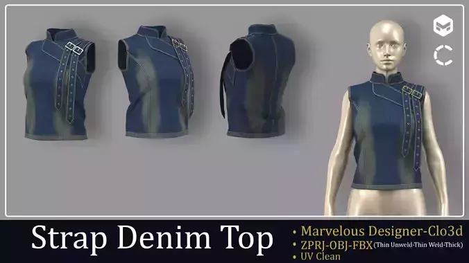 Strap Denim Top - Marvelous Designer - Clo3d