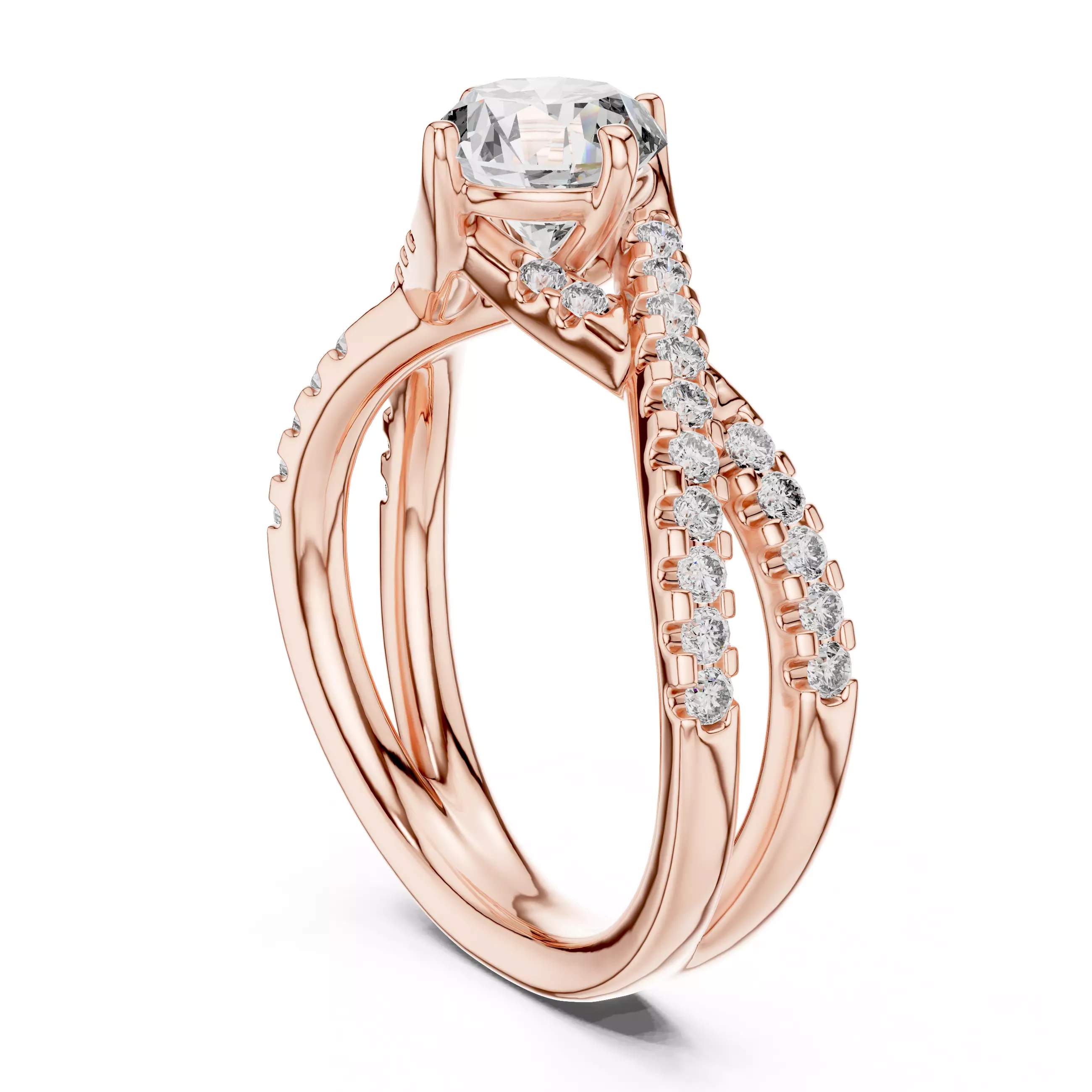 1CT Round Cut Cross-Over Engagement Wedding Ring 3DM STL Video 3D print model_3