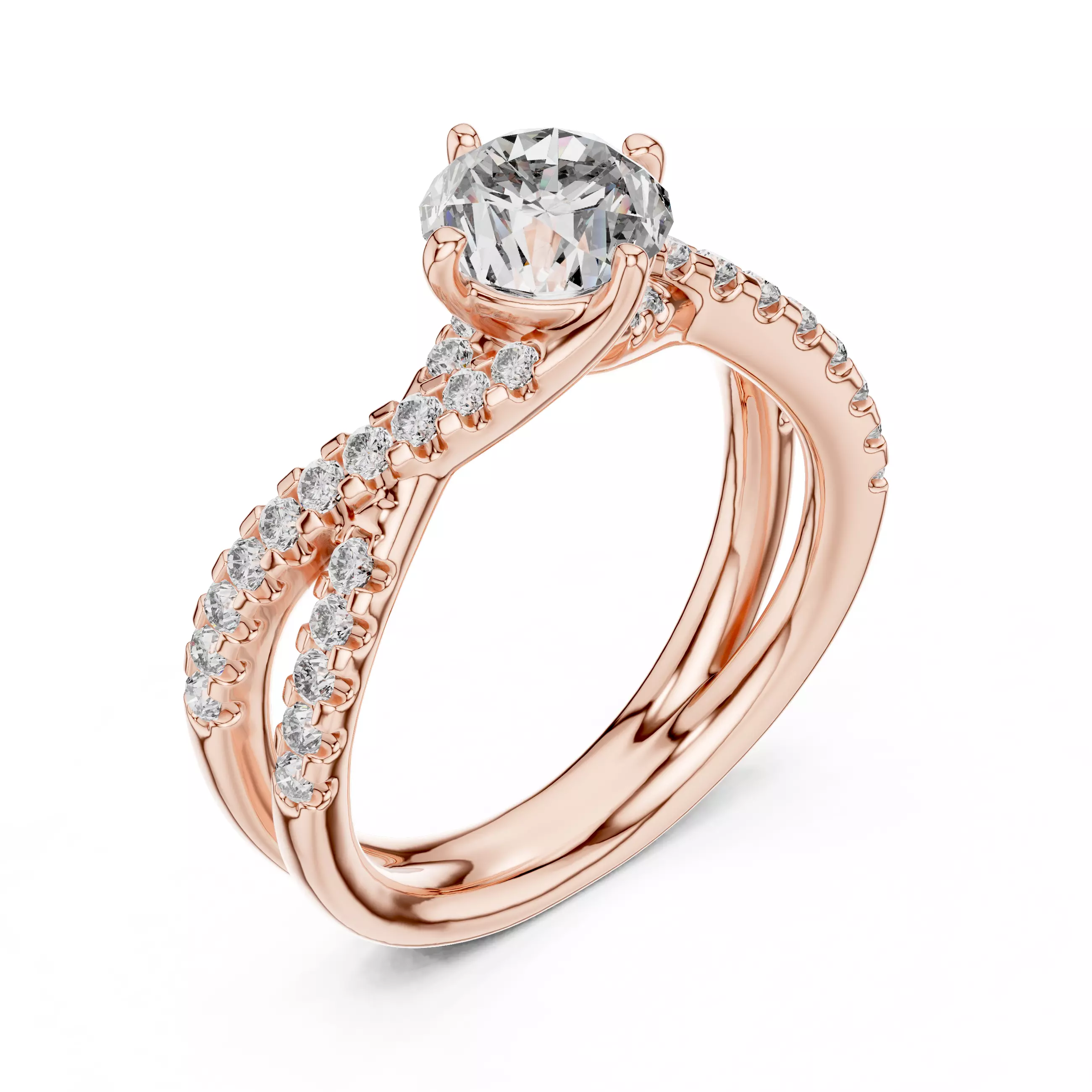 1CT Round Cut Cross-Over Engagement Wedding Ring 3DM STL Video 3D print model_4