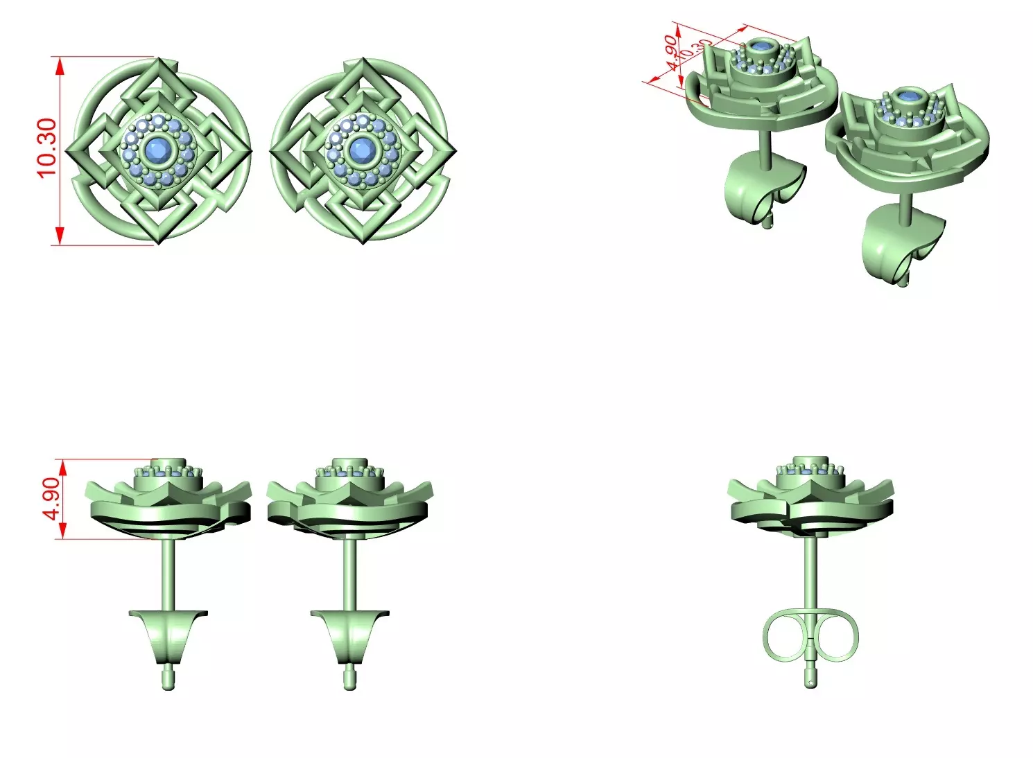 Diamond Studs Earrings 3dm stl renders details 360 animation  3D print model_2