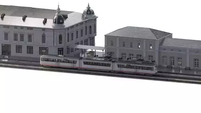 VINTAGE TRAM STATION WITH TRAMS