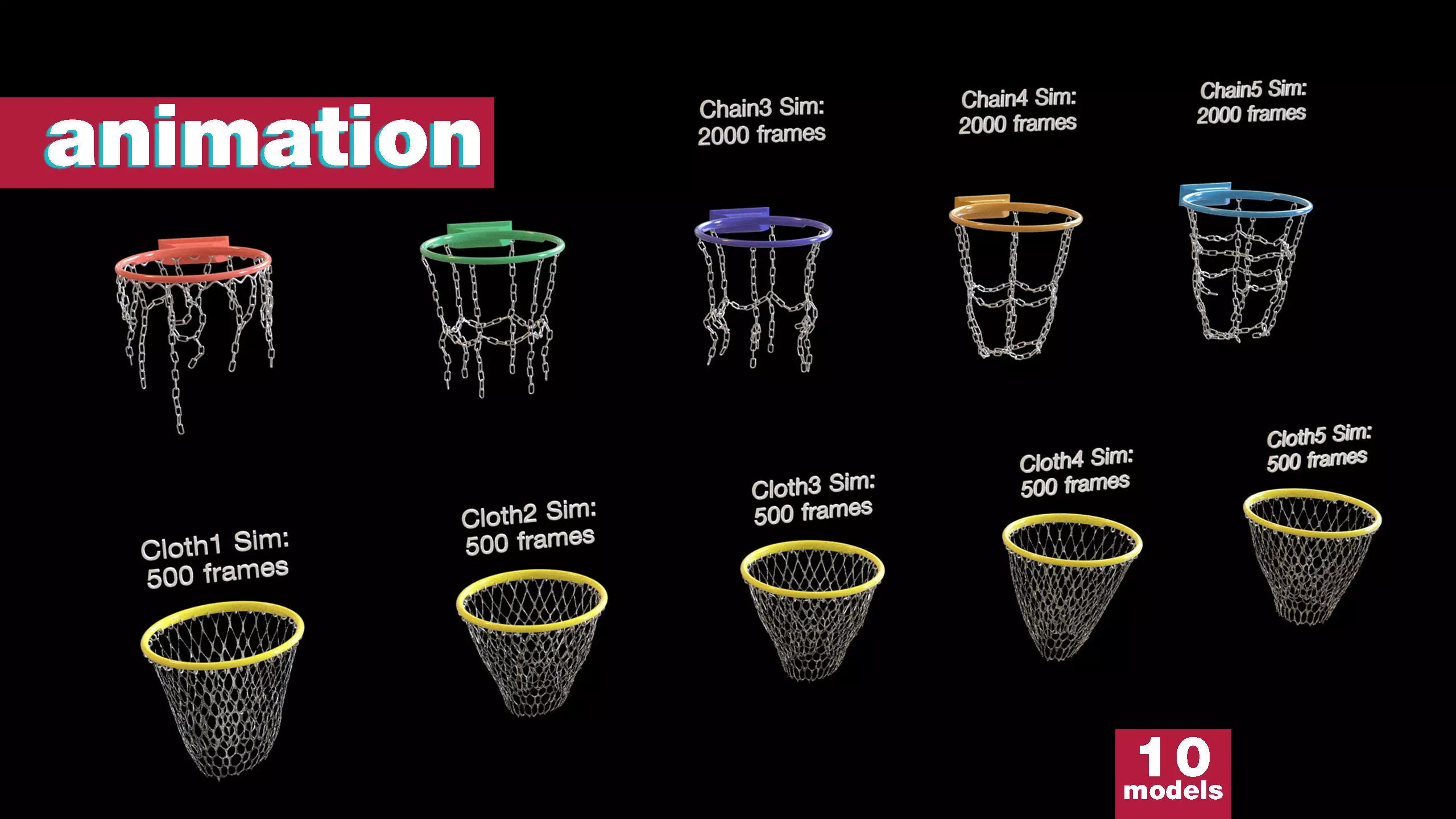 Basketball hoop net chain and cloth animation 10 assets Low-poly 3D model_0