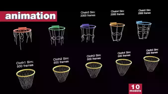 Basketball hoop net chain and cloth animation 10 assets Low-poly 3D model
