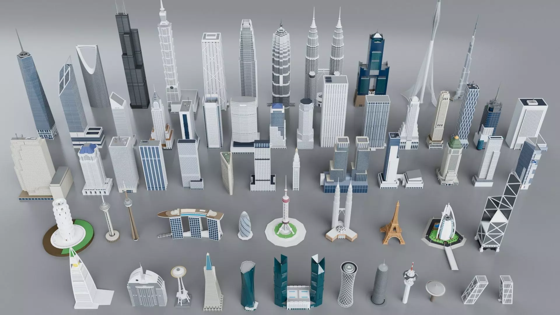 60 World Famous Skyscrapers Buildings - Realistic High Detailed Low-poly 3D model_0