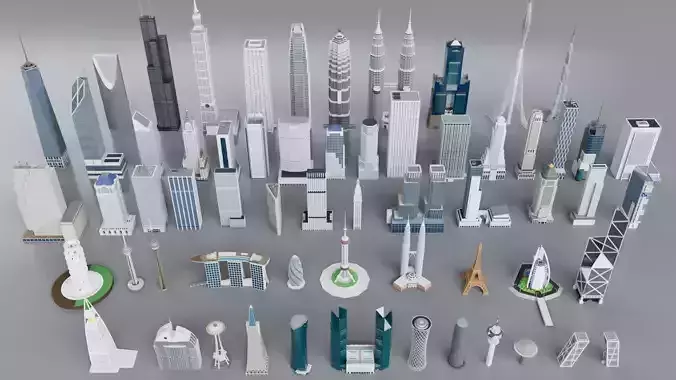 60 World Famous Skyscrapers Buildings - Realistic High Detailed Low-poly 3D model