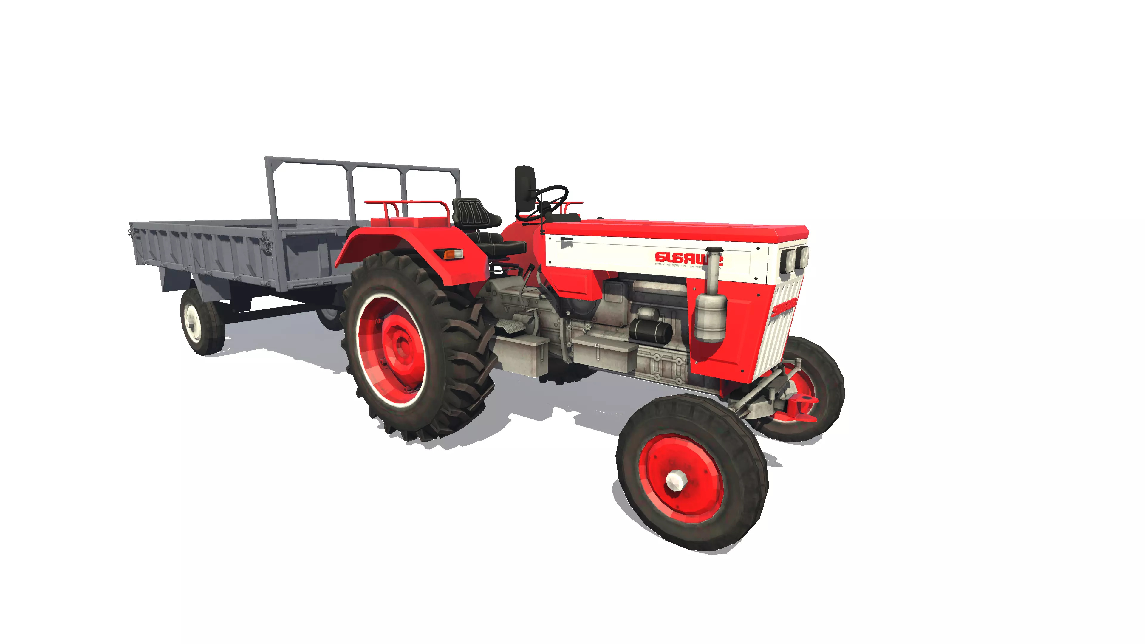 Tractor with Trolley Low-poly 3D model_1