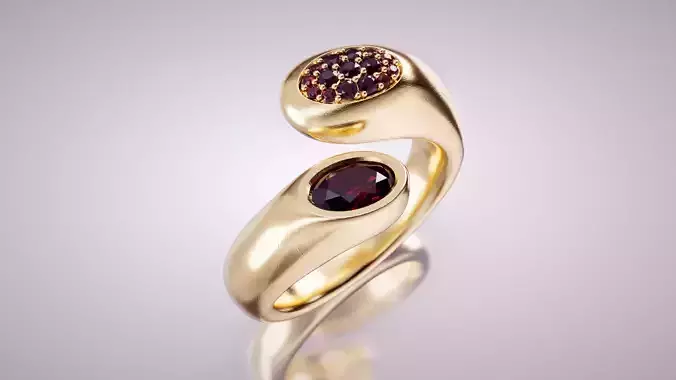 Modern Bypass Ring with Garnet and Small Stones 3D print model