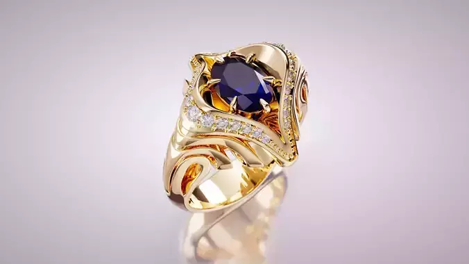 Ornate Gold Ring with Sapphire and Diamonds