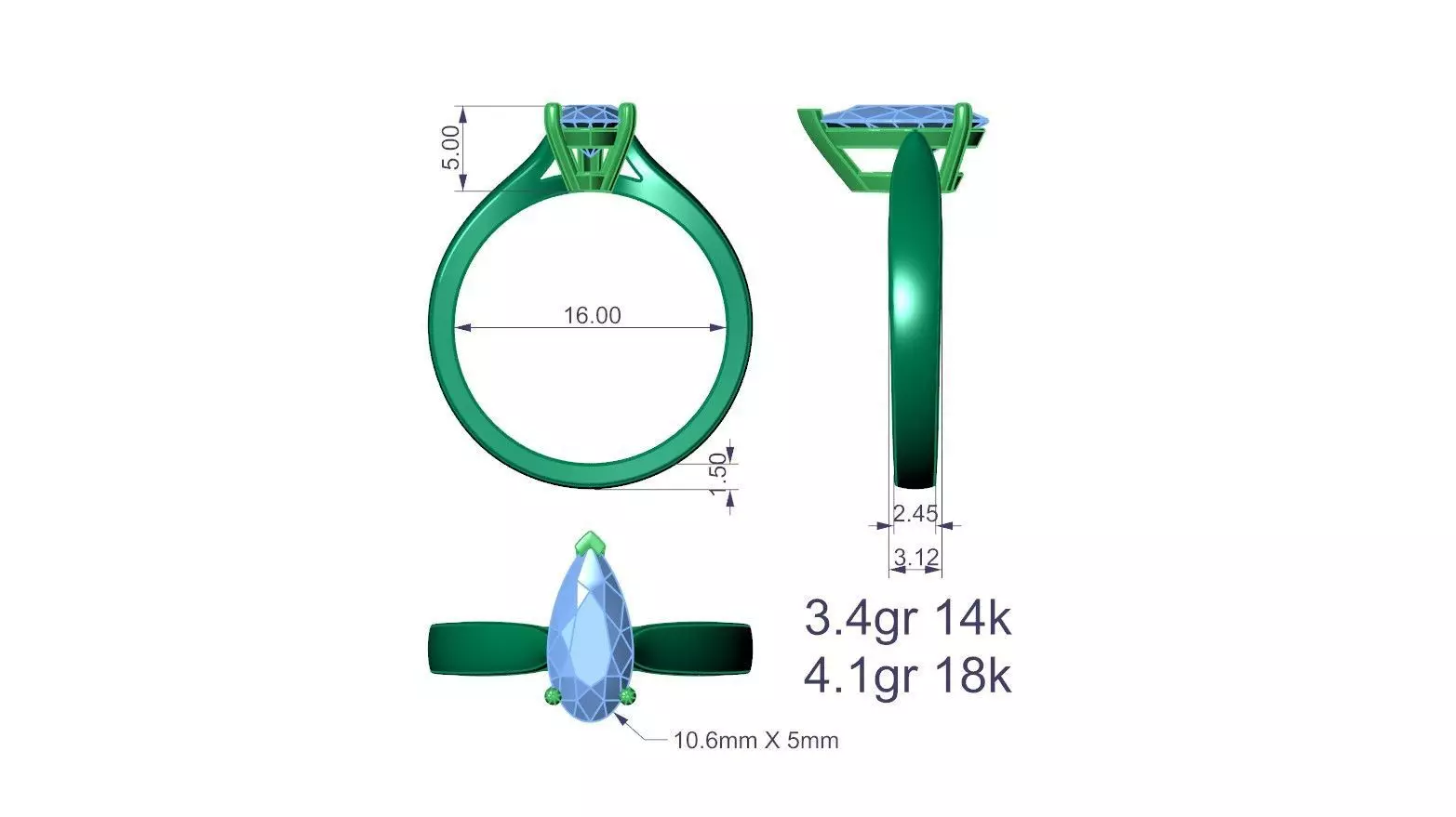 Pear Cut Solitaire Engagement Ring 3D print model_2