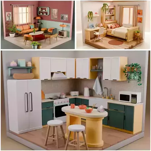 Stylized Interior Bundle  Kitchen Living Room and Bedroom