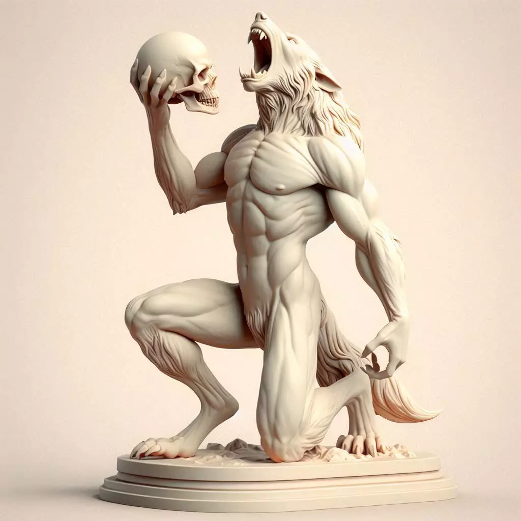 2026  Ivory Werewolf Howling with Skull  3D Model 3D print model_30