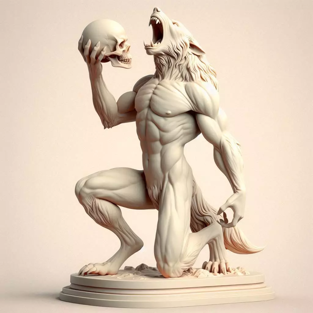 2026  Ivory Werewolf Howling with Skull  3D Model 3D print model_35
