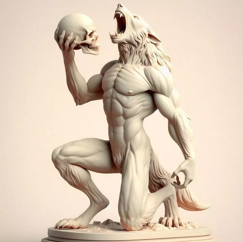 2026  Ivory Werewolf Howling with Skull  3D Model 3D print model_32