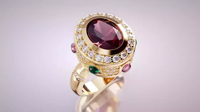 Luxury Cocktail Ring with Garnet Emerald and Diamonds 3D print model