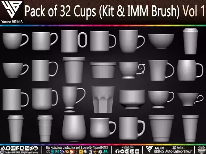 Pack of 32 Cups Kit and IMM Brush Volume 01 Low-poly 3D model