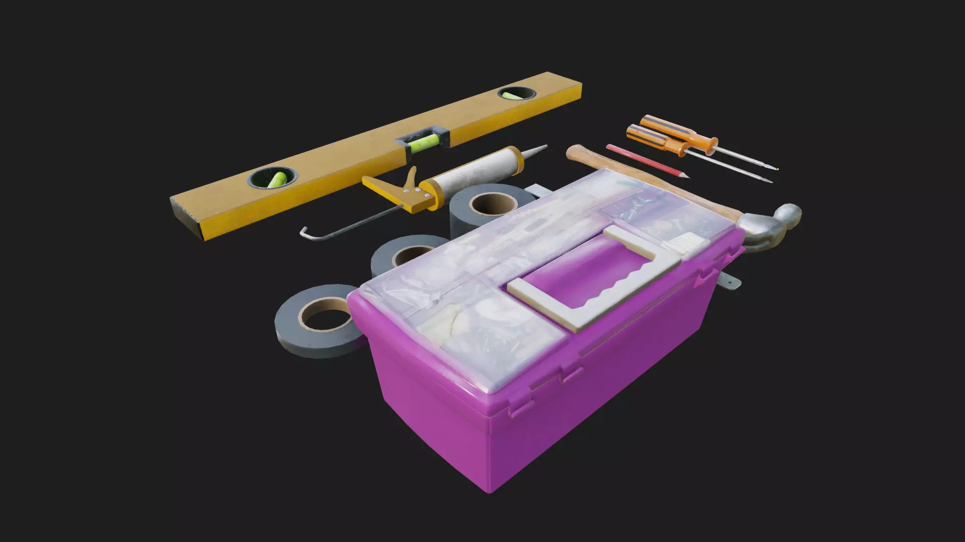 tools duct tape hammer toolbox ruler caulking gun screwdrivers Low-poly 3D model_3