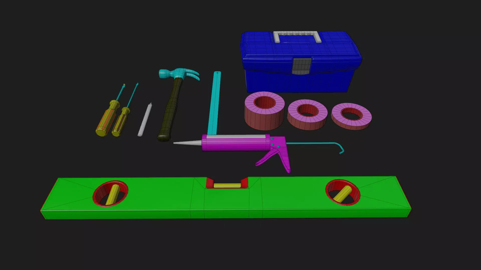 tools duct tape hammer toolbox ruler caulking gun screwdrivers Low-poly 3D model_11