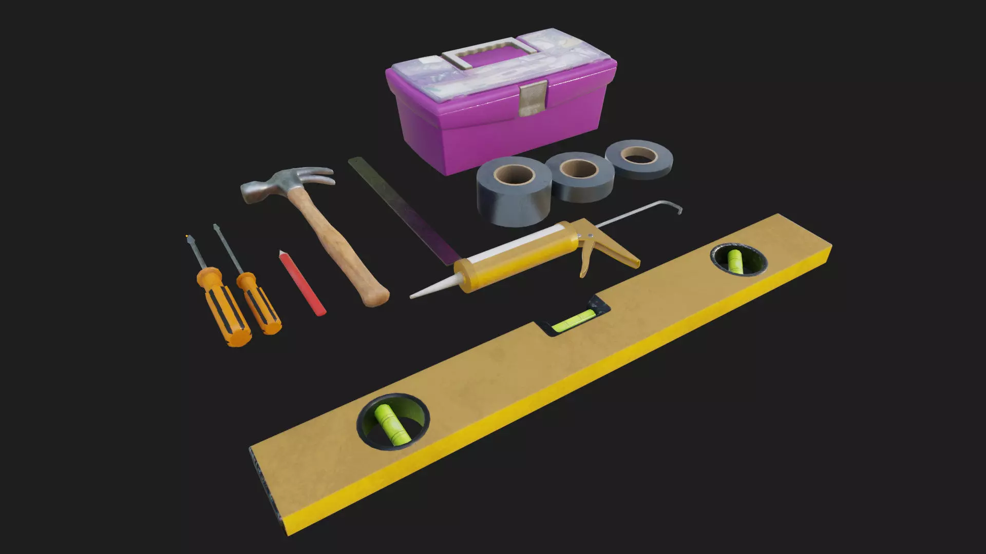 tools duct tape hammer toolbox ruler caulking gun screwdrivers Low-poly 3D model_7