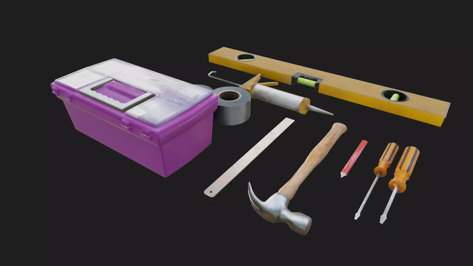 tools duct tape hammer toolbox ruler caulking gun screwdrivers Low-poly 3D model_4