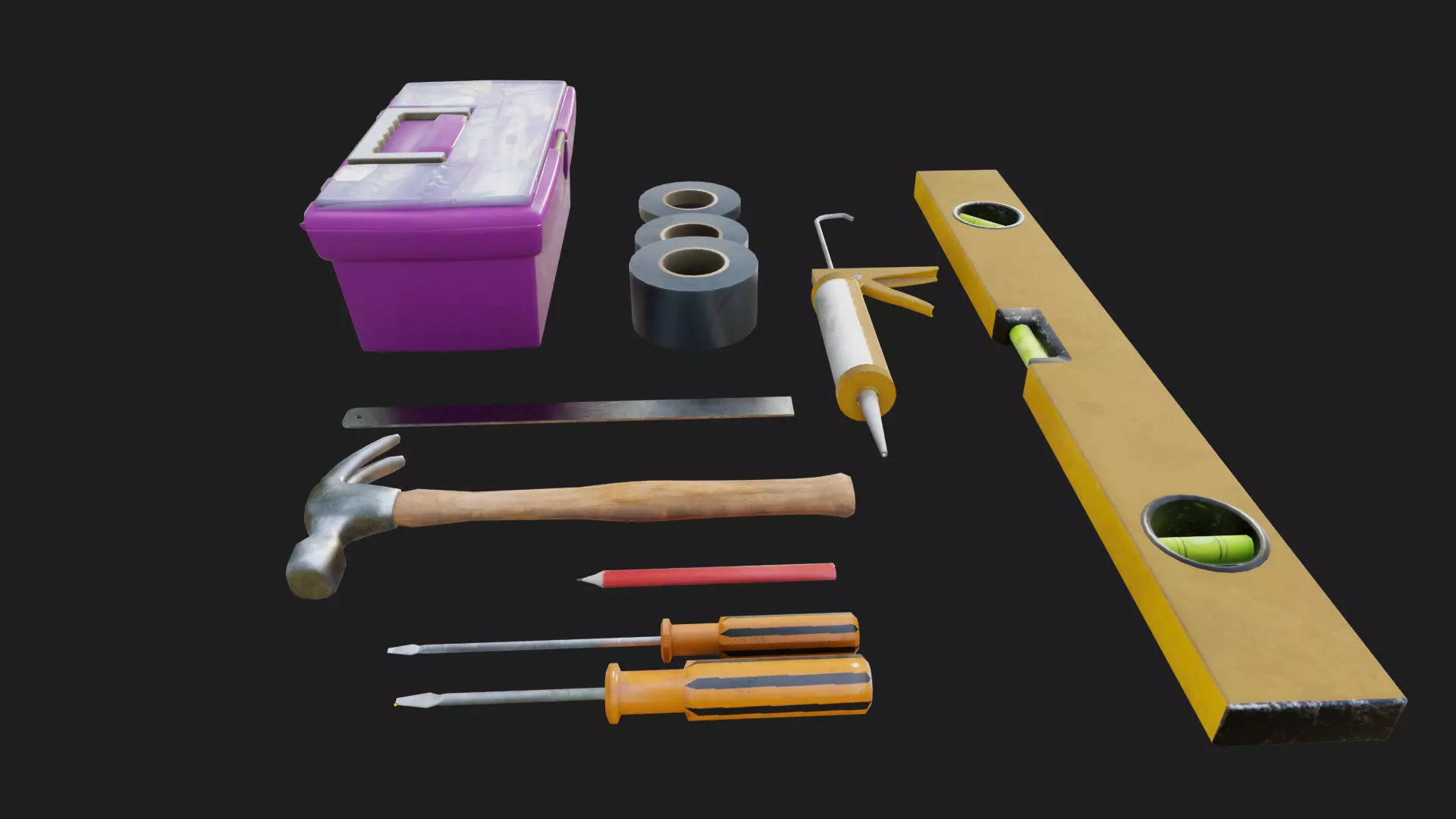 tools duct tape hammer toolbox ruler caulking gun screwdrivers Low-poly 3D model_6