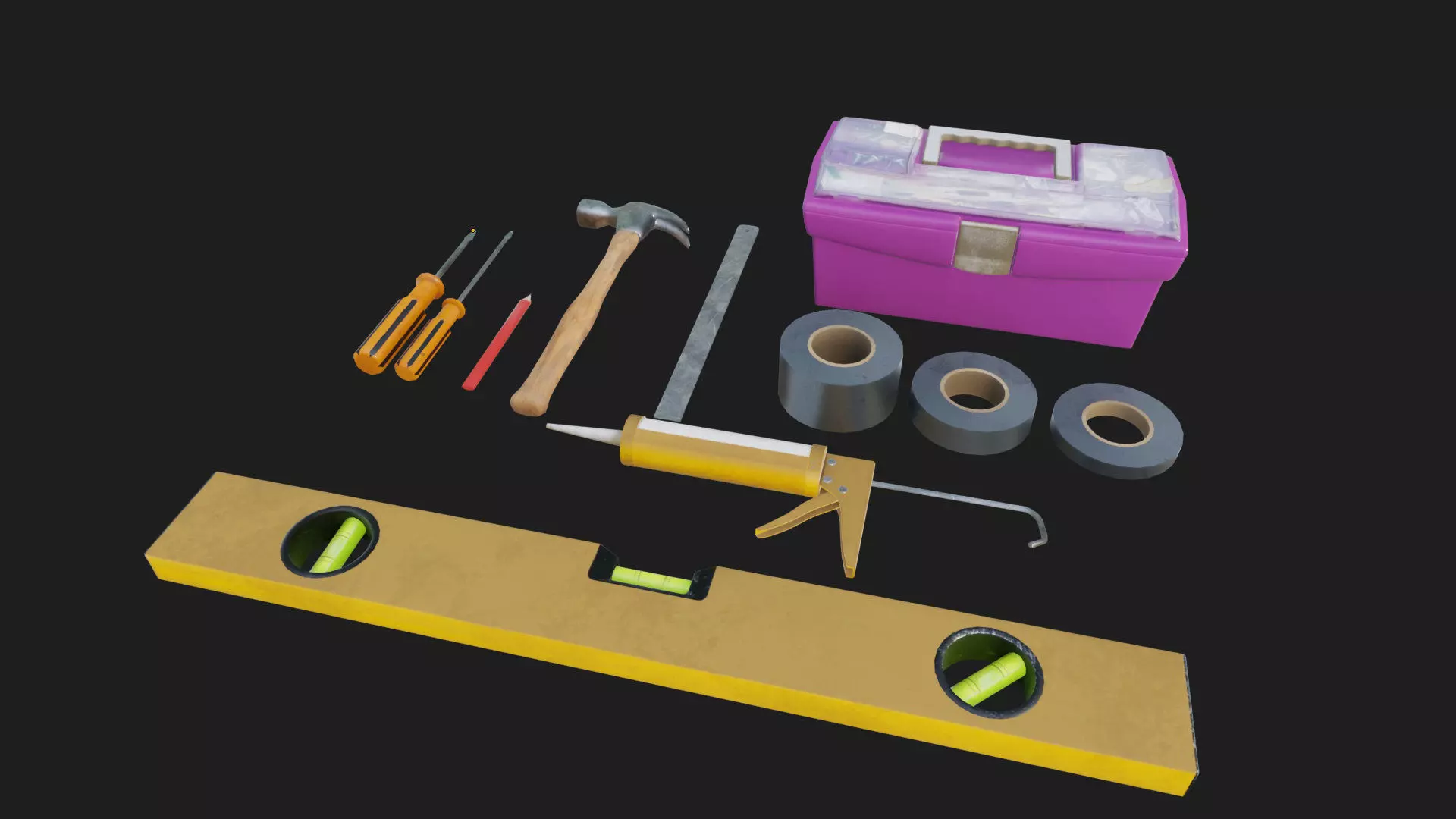 tools duct tape hammer toolbox ruler caulking gun screwdrivers Low-poly 3D model_1
