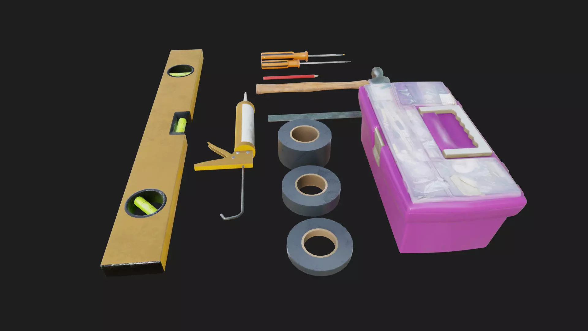 tools duct tape hammer toolbox ruler caulking gun screwdrivers Low-poly 3D model_2