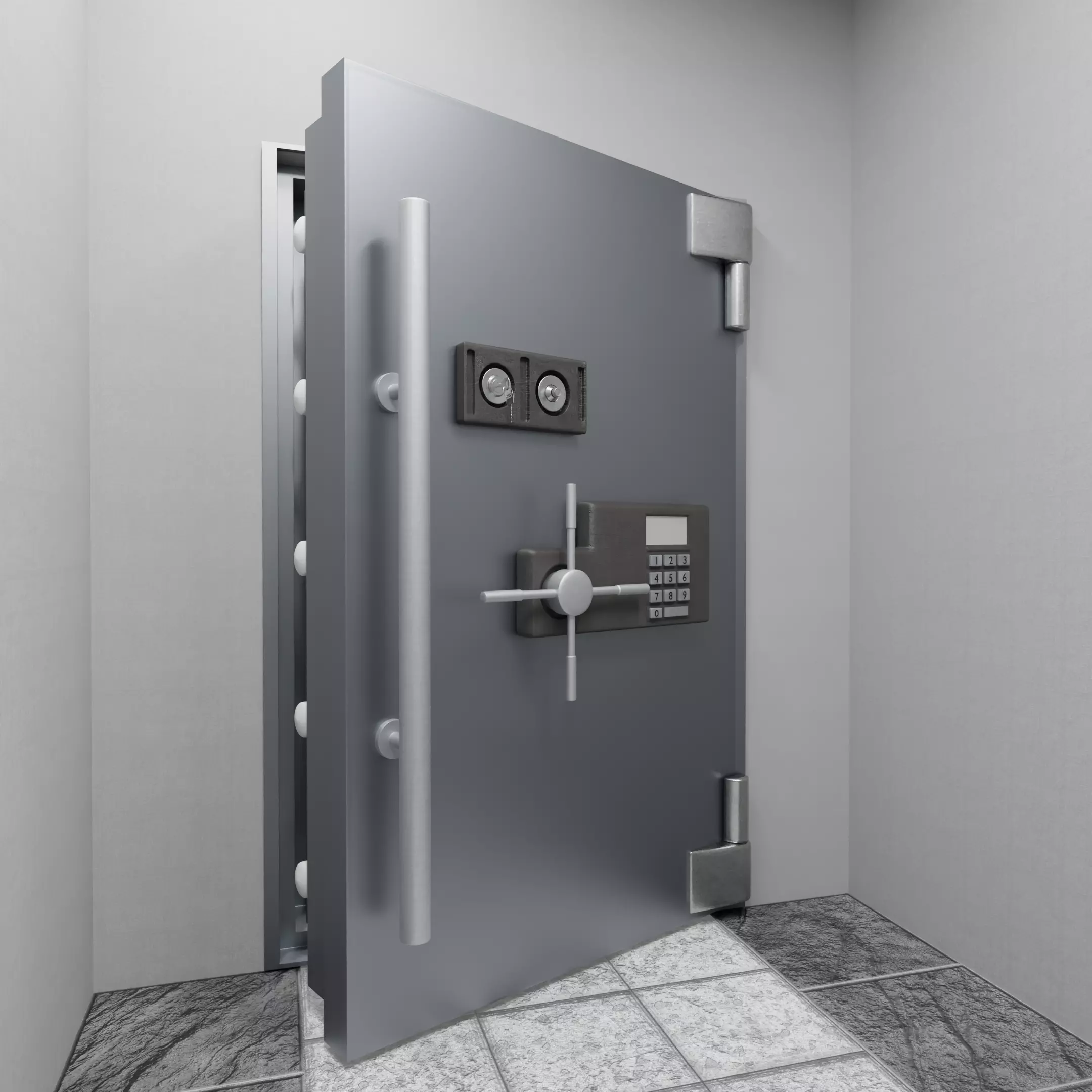 Safe Vault Door and Metal Security Door with Interior Scene 3D model_0