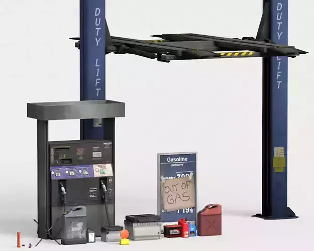 Low Poly Car Workshop Pack  Heavy Duty Car Lift  Gas Pump 