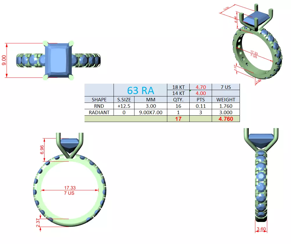 3CT Radiant Cut Diamond Engagement Wedding Ring 3DM STL Video 3D print model_15