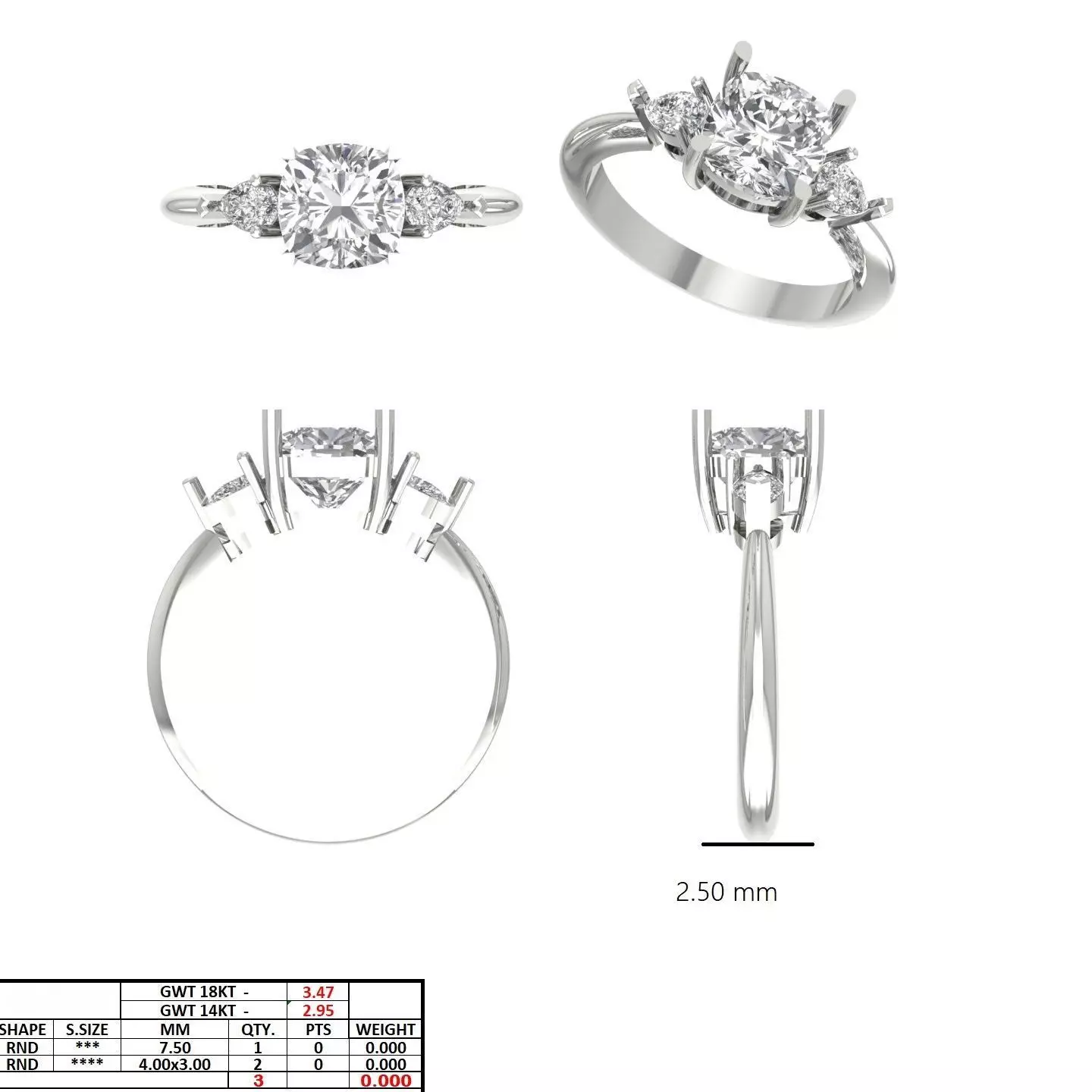 Cushion And Pear Cut Three Stone Engagement Ring 3DM STL Video 3D print model_8