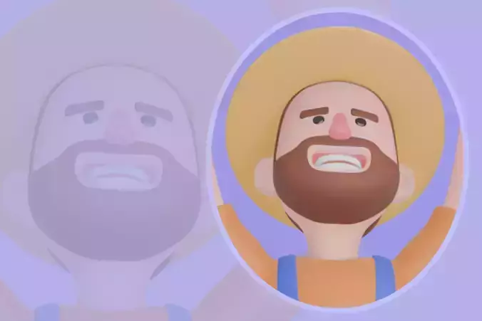 Stylized 3D Cartoon Farmer Man - Joyful Jump with Raised Fists