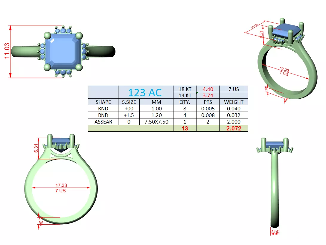 2CT Asscher Cut Diamond Engagement Wedding Ring 3DM STL Video 3D print model_15