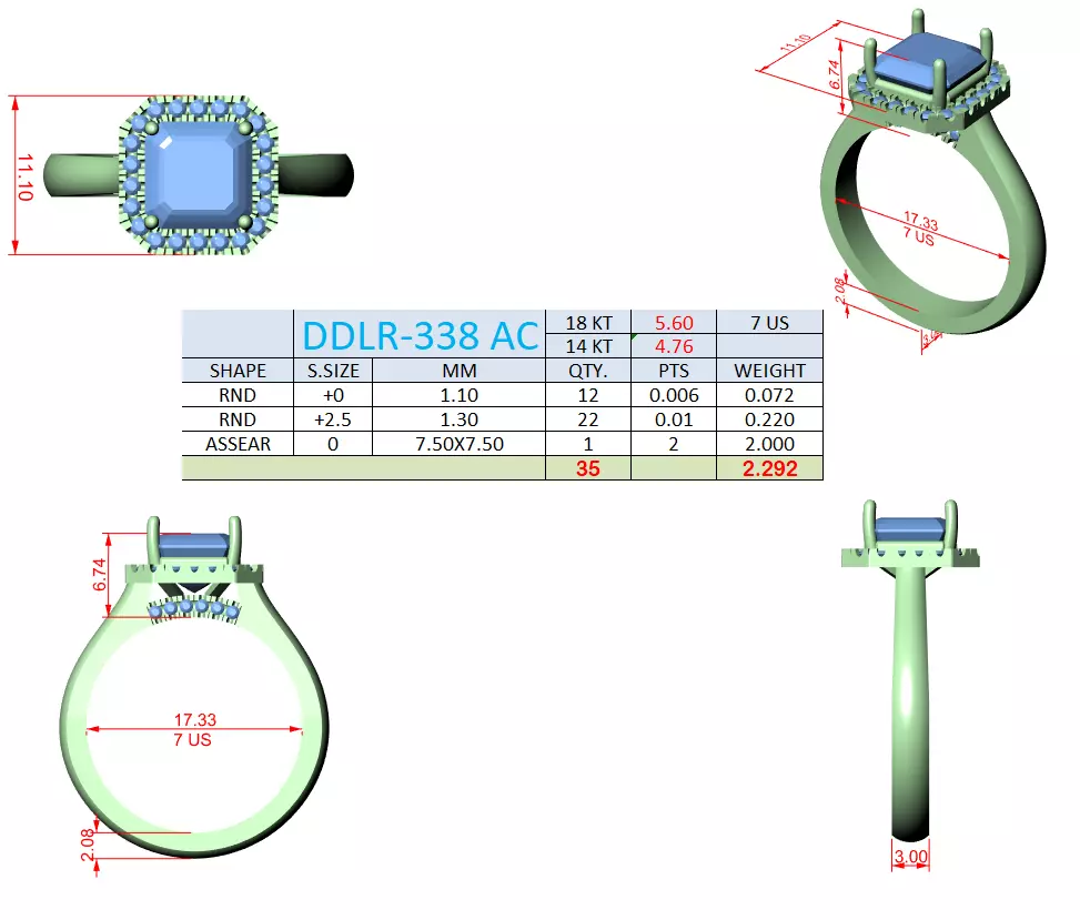 2Ct Asscher Cut Halo Diamond Engagement Ring 3DM STL Video 3D print model_15