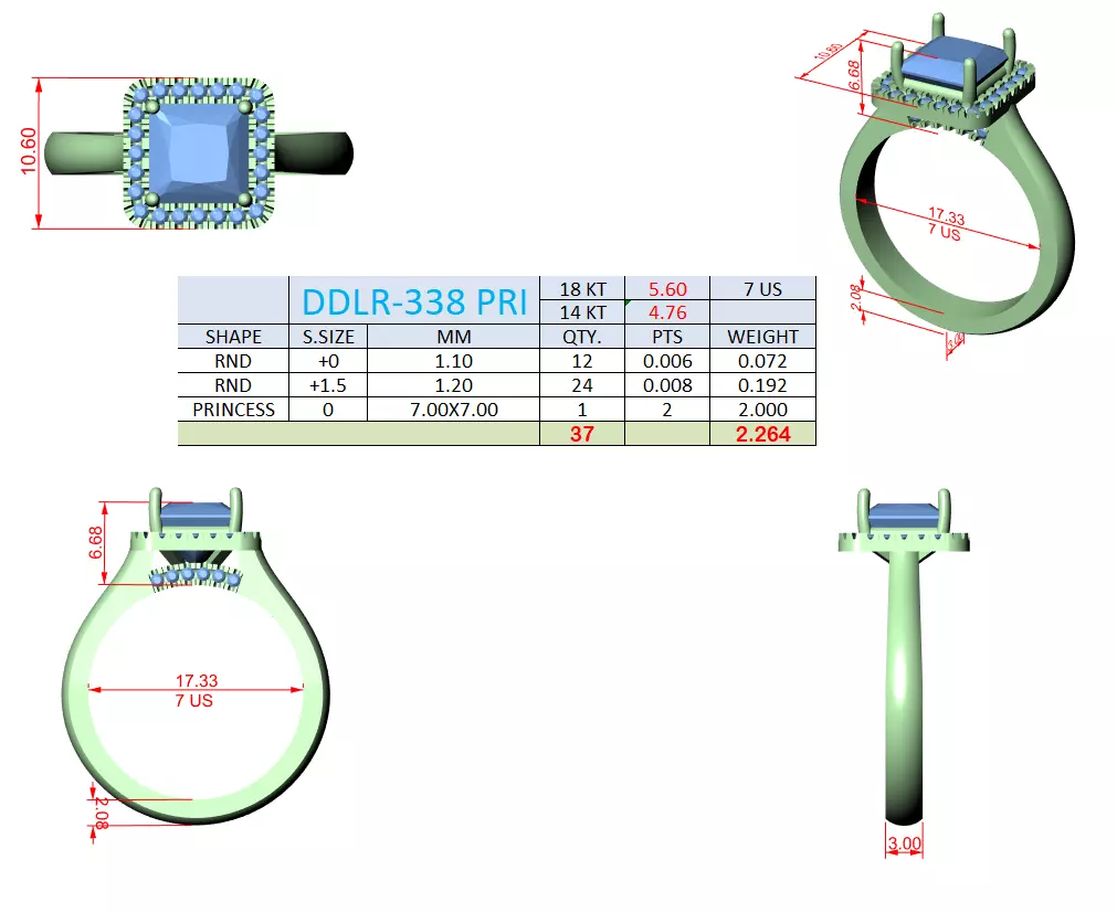 2CT Princess Cut Halo Diamond Engagement Ring 3DM STL Video 3D print model_15