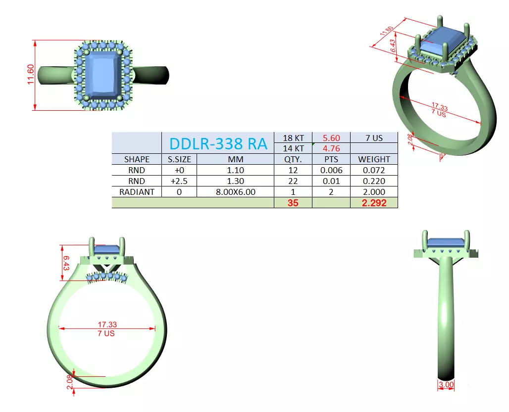 2CT Radiant Halo Diamond Engagement Wedding Ring 3DM STL Video 3D print model_15
