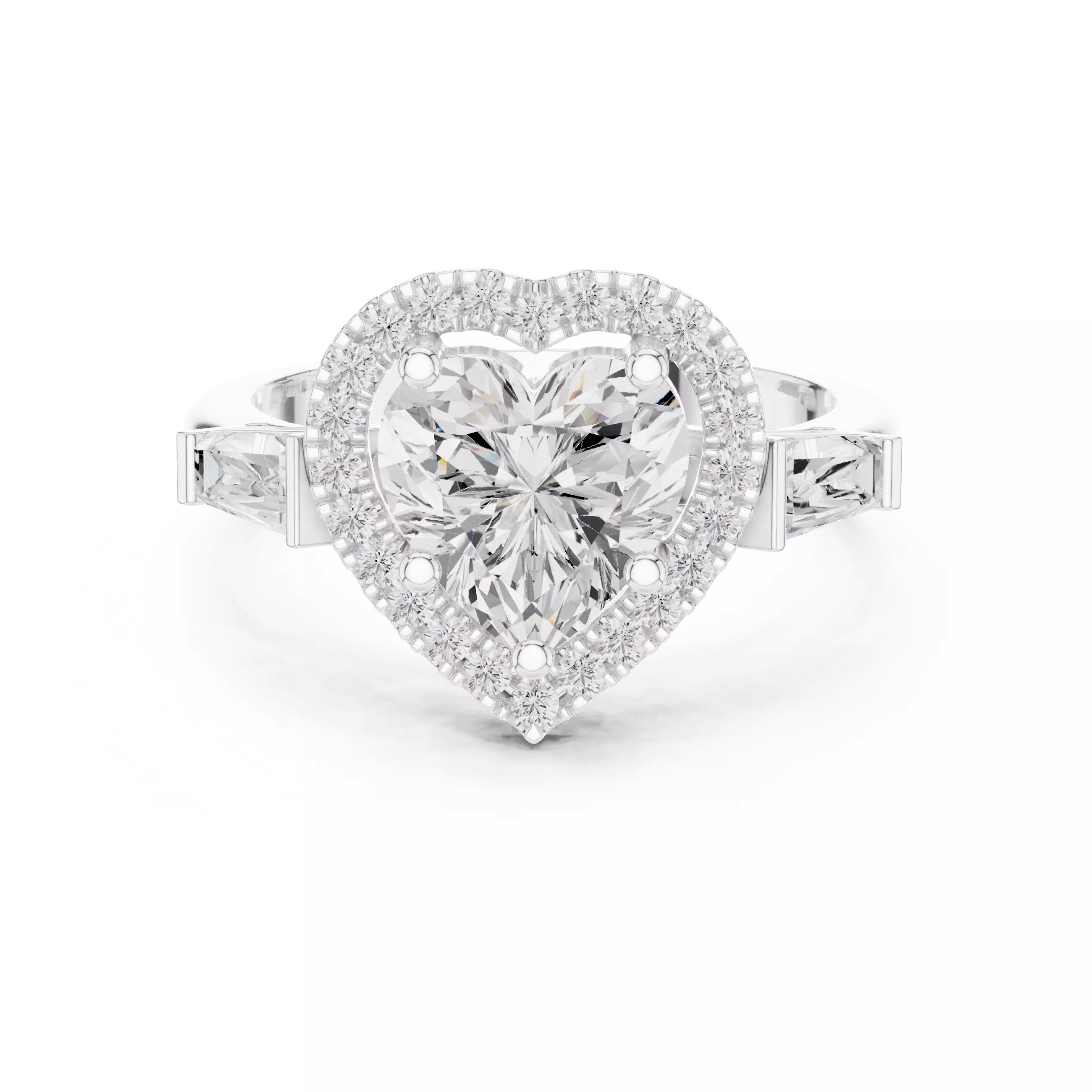 Baguette and Heart Cut Halo Engagement Ring 3DM STL Video 3D print model_2