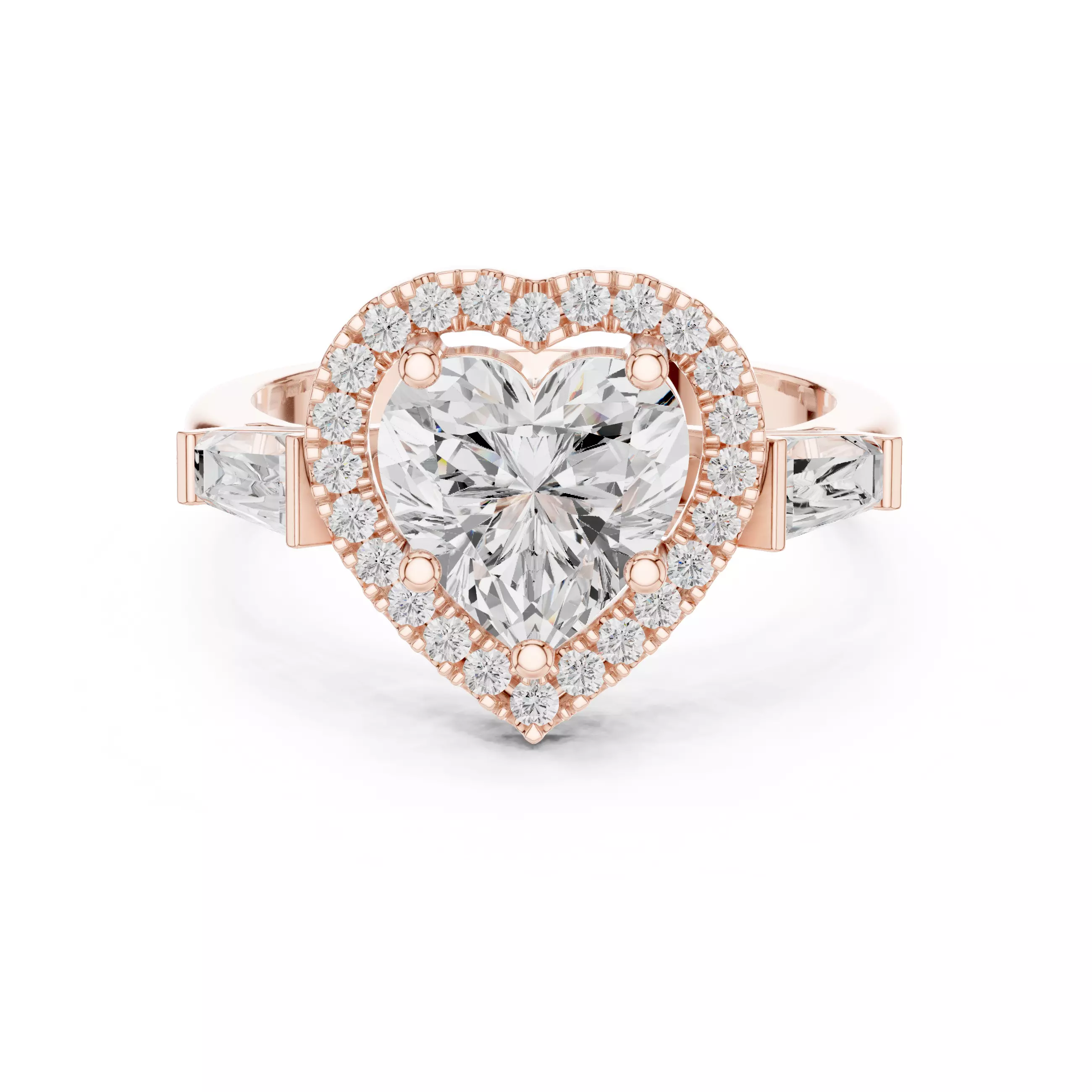 Baguette and Heart Cut Halo Engagement Ring 3DM STL Video 3D print model_0