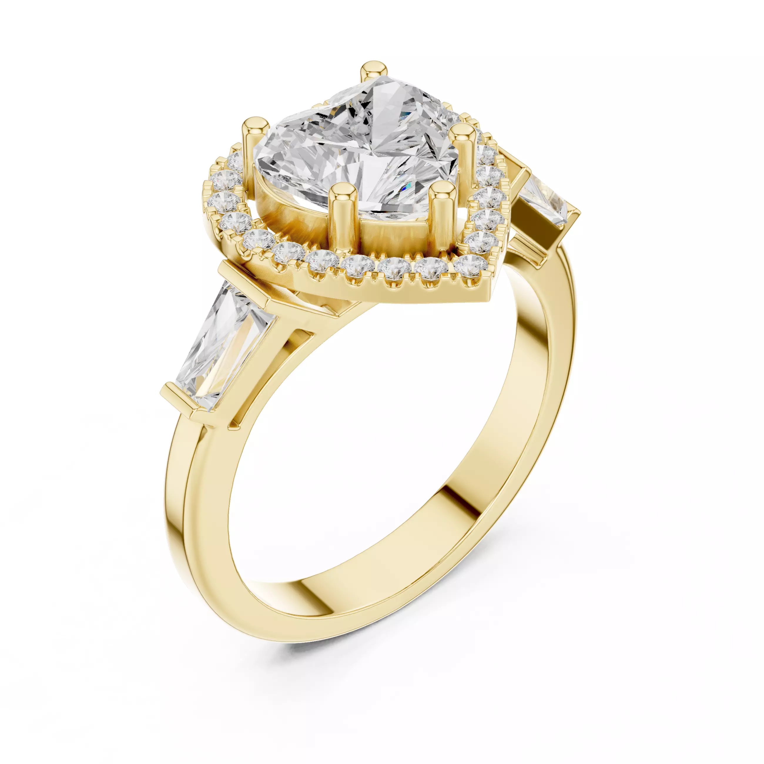 Baguette and Heart Cut Halo Engagement Ring 3DM STL Video 3D print model_7