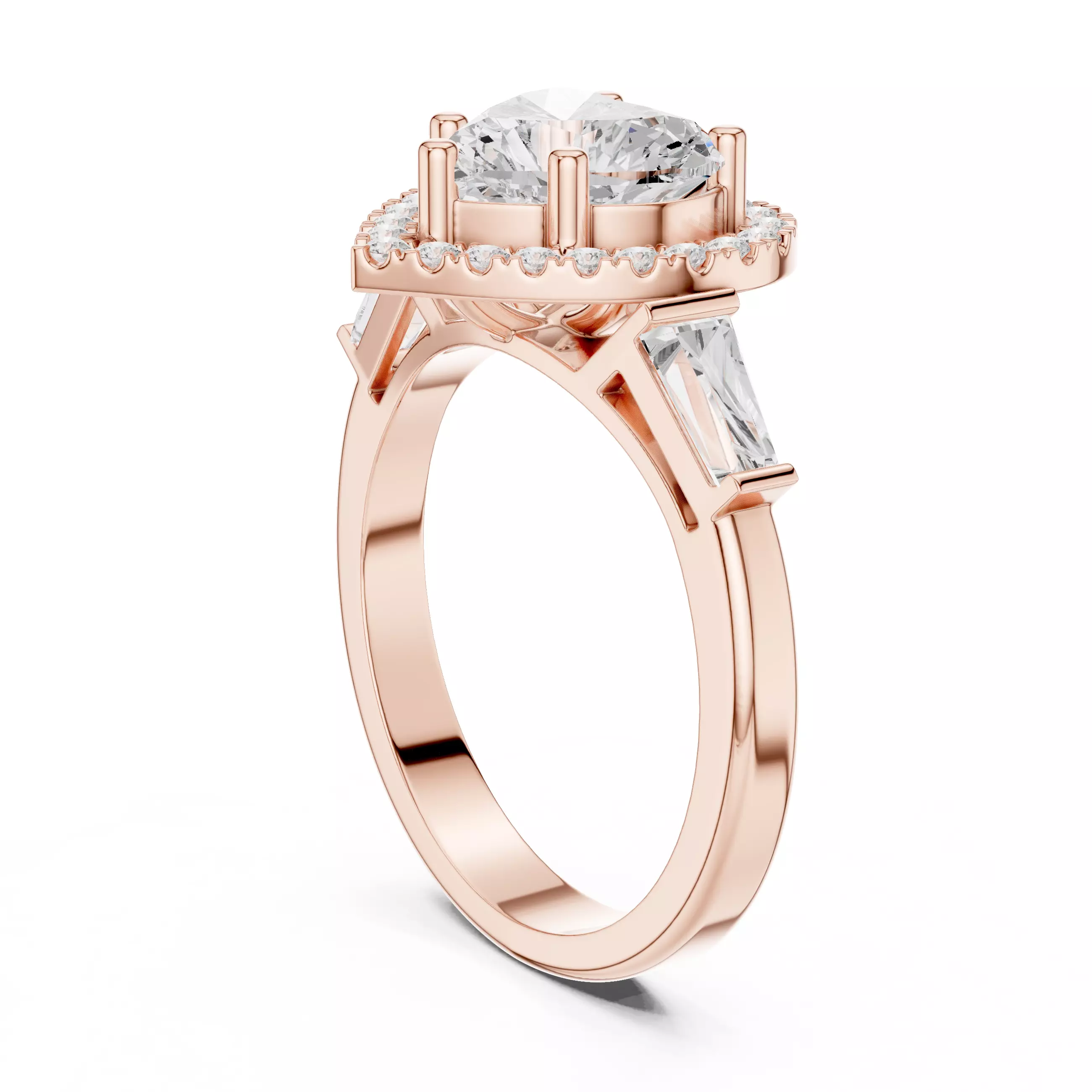 Baguette and Heart Cut Halo Engagement Ring 3DM STL Video 3D print model_3