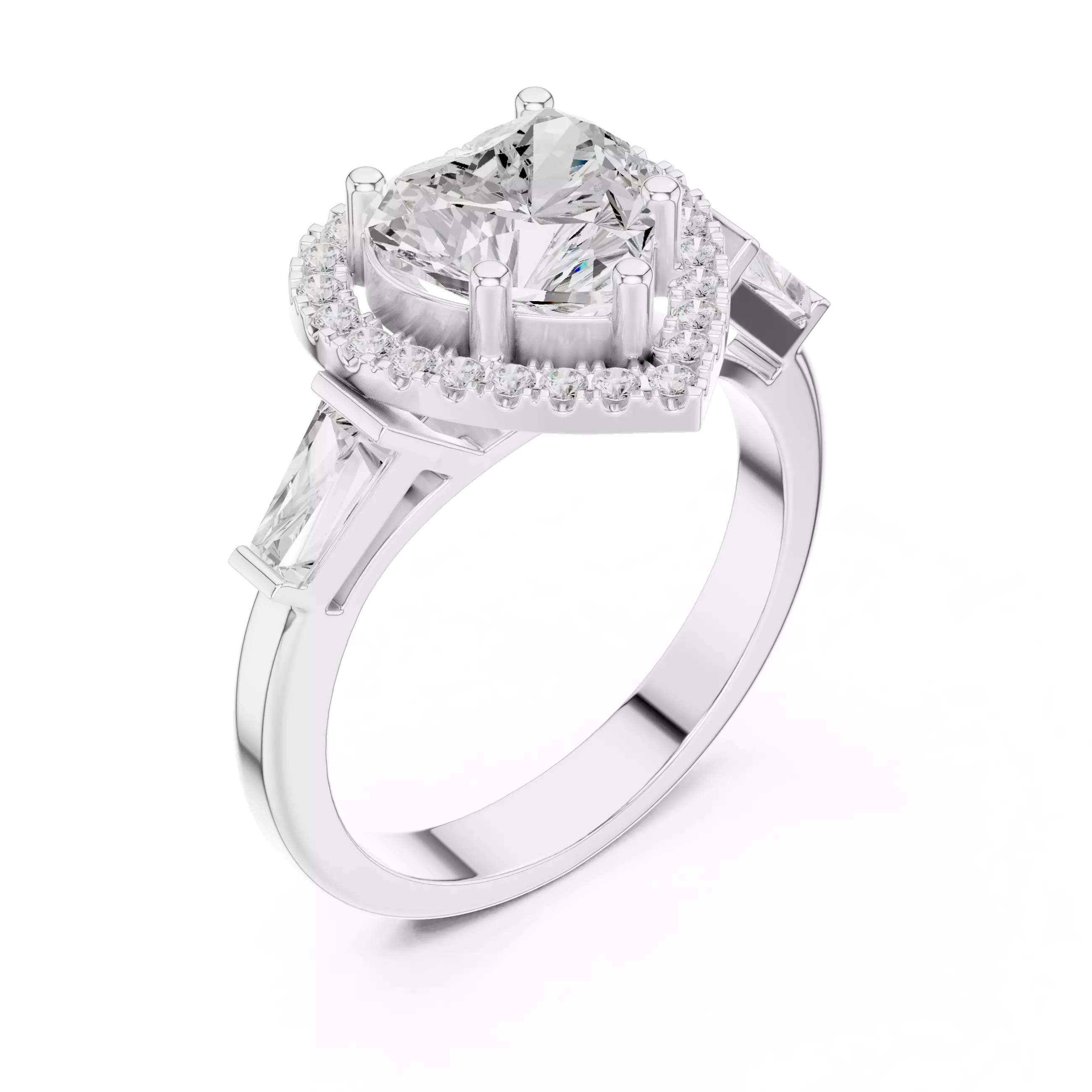 Baguette and Heart Cut Halo Engagement Ring 3DM STL Video 3D print model_10