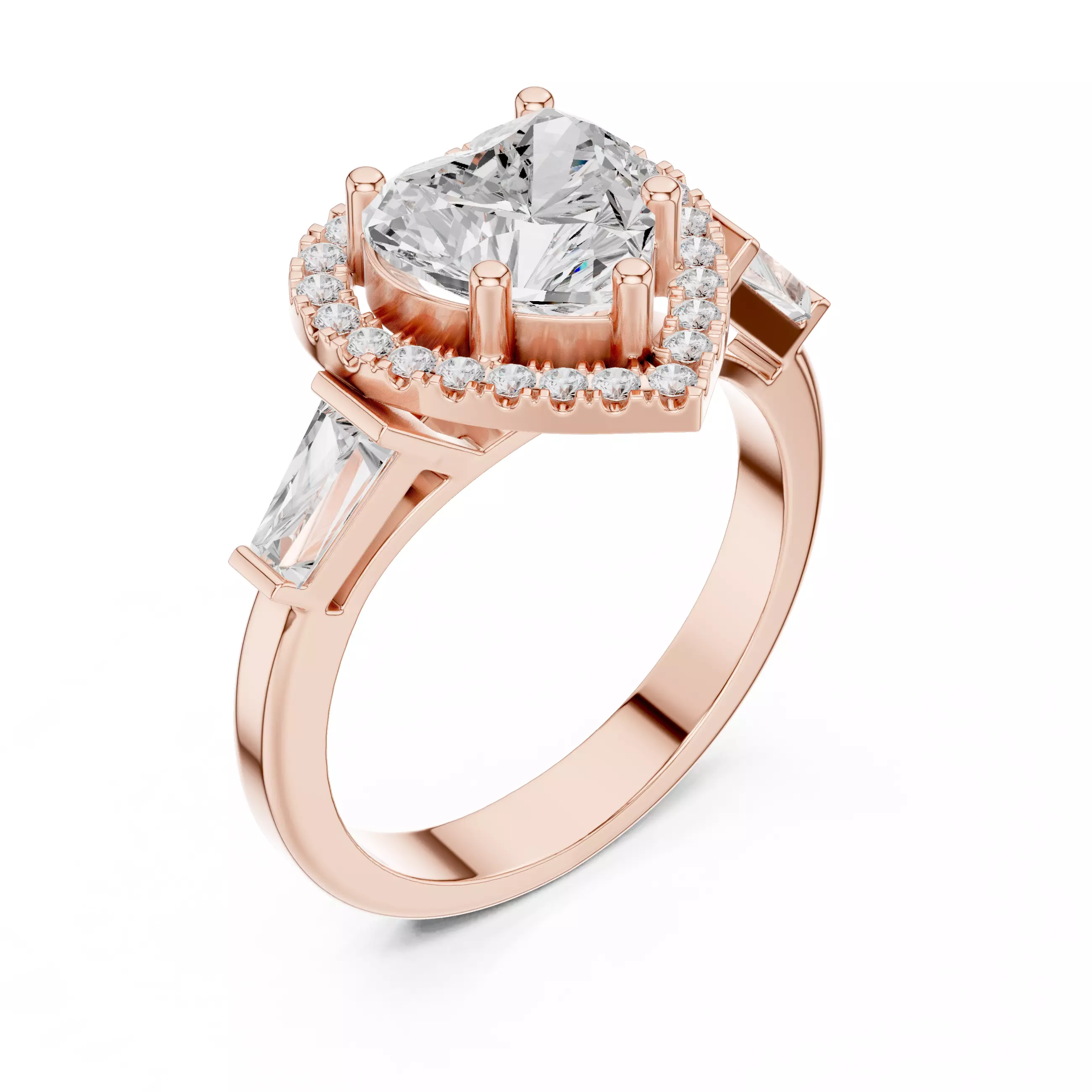 Baguette and Heart Cut Halo Engagement Ring 3DM STL Video 3D print model_4