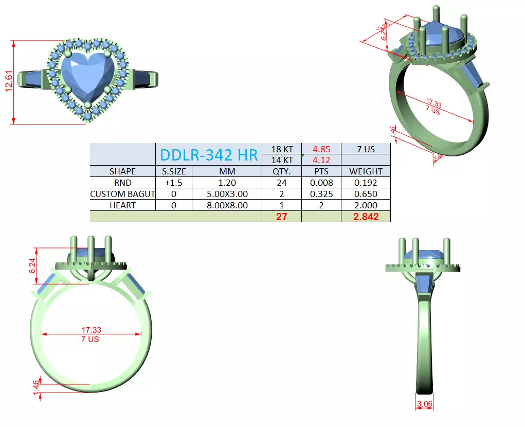 Baguette and Heart Cut Halo Engagement Ring 3DM STL Video 3D print model_15