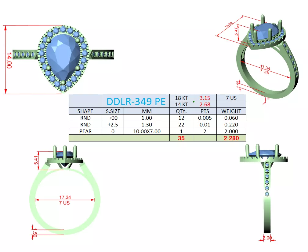 2CT Pear Cut Halo Diamond Engagement Ring 3DM STL Video 3D print model_18