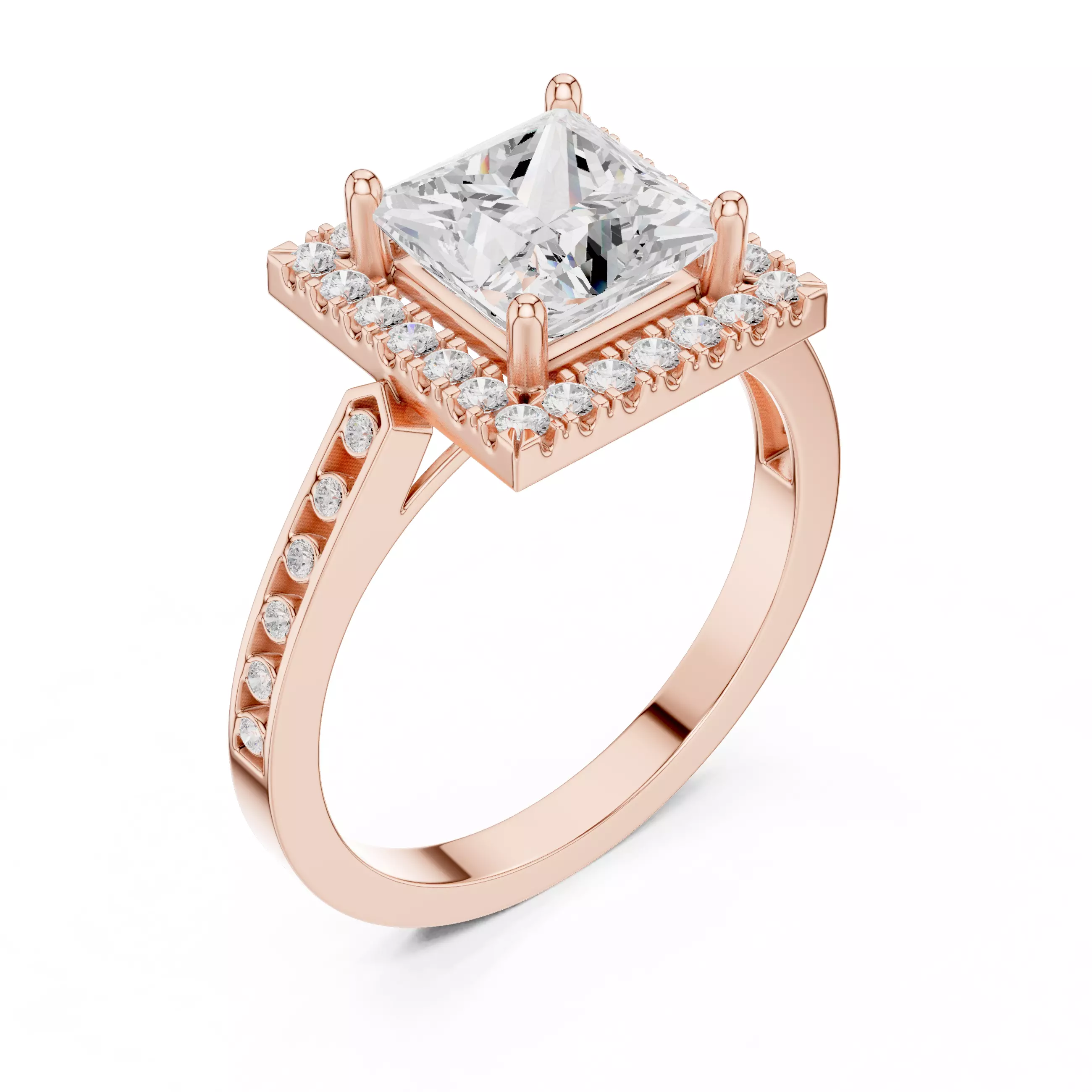 2CT Princess Cut Halo Diamond Wedding Ring 3DM STL Video 3D print model_4