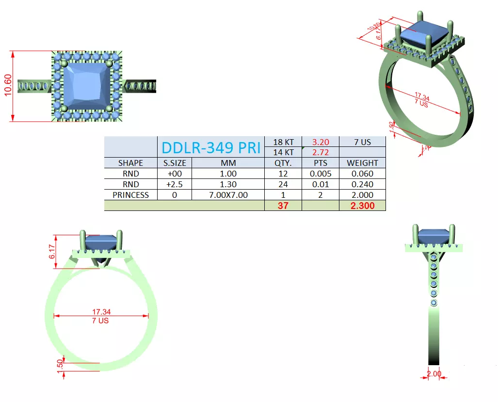 2CT Princess Cut Halo Diamond Wedding Ring 3DM STL Video 3D print model_18