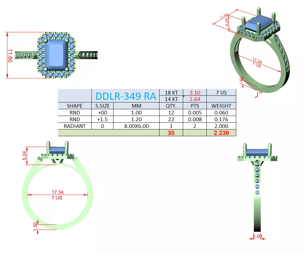 2CT Radiant Cut Halo Diamond Engagement Woman Ring 3DM STL Video 3D print model_18