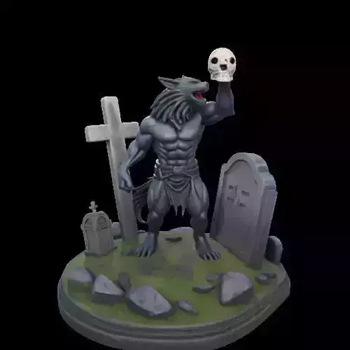 2030Howling Werewolf with Skull  3D Printed Statue